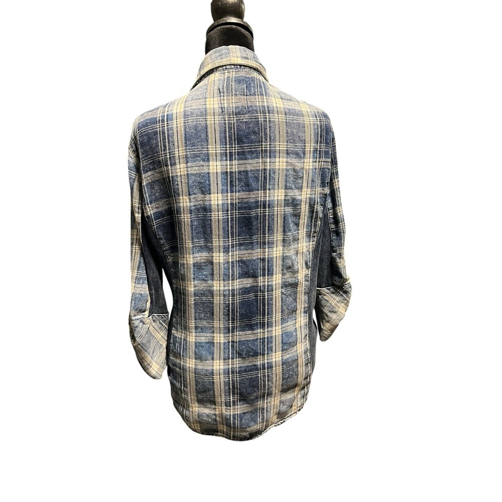 Ci Sono Button Down Shirt Large Blue Plaid Fitted Roll Tab Sleeves Western PTP22 - Picture 3 of 5